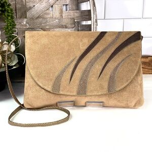 Vintage 80s REVA Ultra Suede Tan Shoulder Bag Snakeskin Trim Envelope Purse